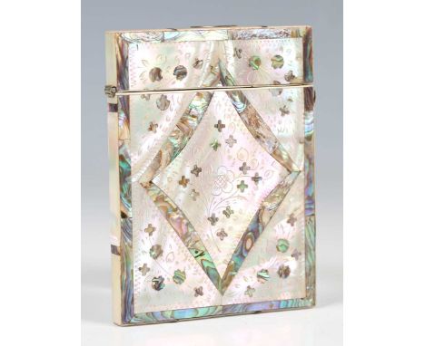 A 19th century mother-of-pearl visiting card case with engraved and inlaid decoration, length 10.5cm, together with a mother-