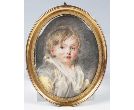 Circle of Peter Adolf Hall - an 18th century oval half-length portrait miniature of a child, watercolour on ivory, 7cm x 5.5c