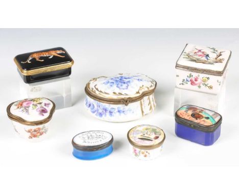 A group of seven mainly 19th century porcelain and enamel snuff and patch boxes, including a Bilston enamel oval box, inscrib