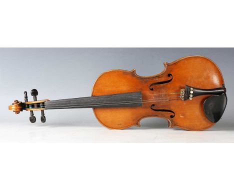 A three-quarter-size violin with two-piece back, length of back excluding button 32cm, together with a full-size violin, leng