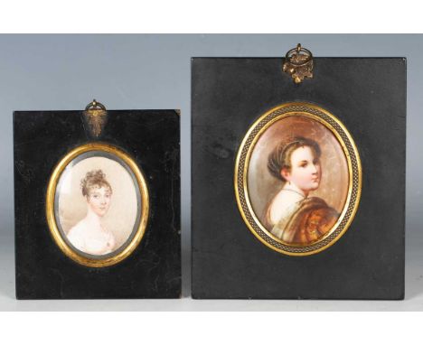 British School - an early 19th century watercolour portrait miniature on ivory depicting a young lady in a white dress, 6cm x