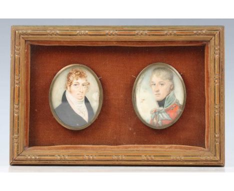 Circle of Frederick Buck - two early 19th century watercolour portrait miniatures on ivory, one depicting a gentleman dressed