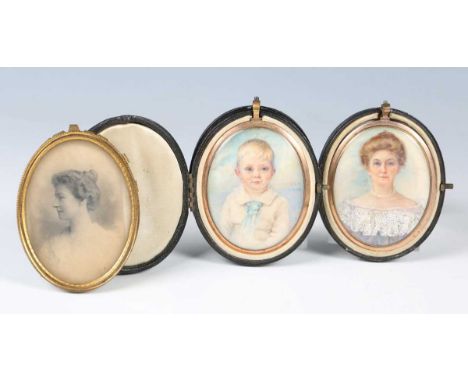 An Edwardian watercolour portrait miniature on ivory depicting Lady Emma Ashton, dated 1906, 6.5cm x 5cm, another similar por