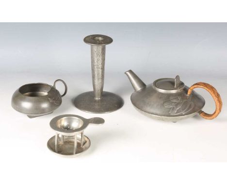 A Liberty &amp; Co 'Tudric' pewter teapot and matching sugar bowl, model number '0231', designed by Archibald Knox, bearing m