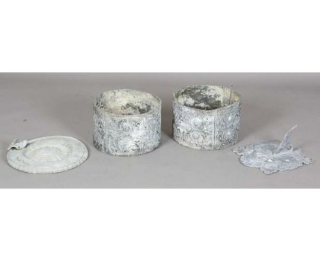 A pair of 19th century lead circular planters, the sides cast with foliate medallions and scrolls, diameter 33cm, together wi