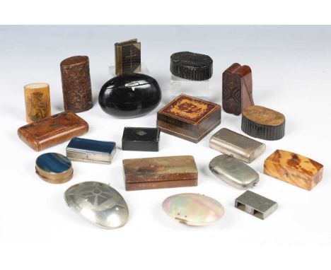 A collection of mainly 19th century snuff boxes, including a Regency papier-mâché example of fan form and a carved maple snuf