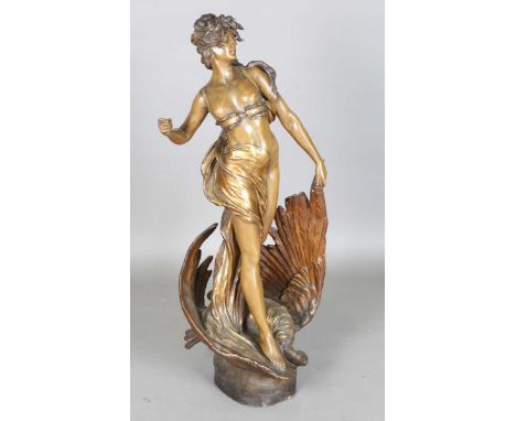 A large Art Nouveau Goldscheider terracotta figure, after a sculpture by B. Haniroff, finely modelled as Leda and the Swan, t