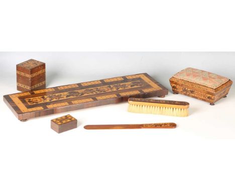 A late Victorian Tunbridge ware needlework box with removable pin cushion lid, width 15cm, together with two other Tunbridge 