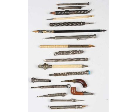 A collection of various propelling pencils and dip pens, including two novelty examples in the form of a pipe and a pistol an