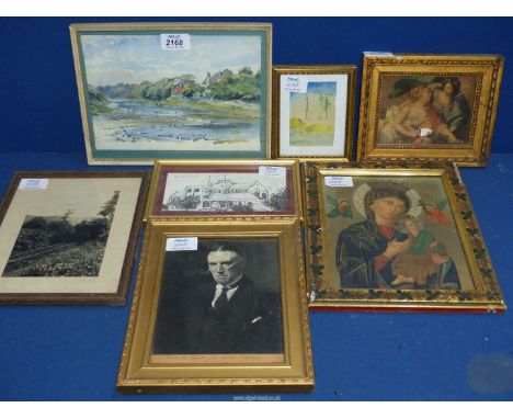 A small quantity of prints/painting including a watercolour initialed W "92" engraving of Romsey Island by B G Brown, a colou