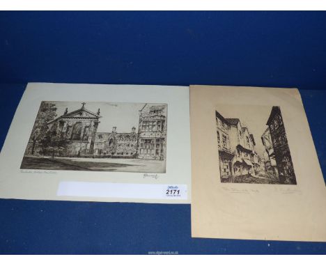 Two unframed etchings one by R Warwick of Pembroke Collage Cambridge, the other of "The Shambles" York by R A Ridley ?