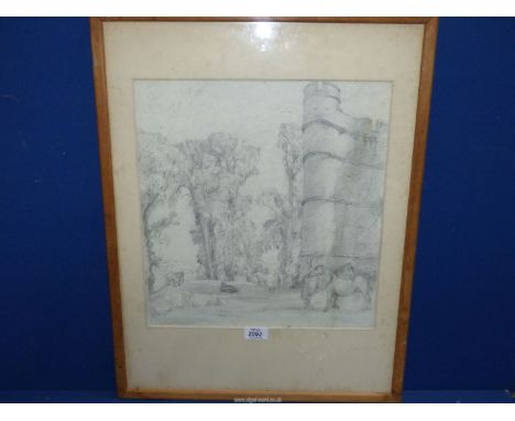 A Drawing entitled  'Horses at Donnington Castle' by Rodney Joseph Burn (New English Art Club), 64cm x 50cm.
