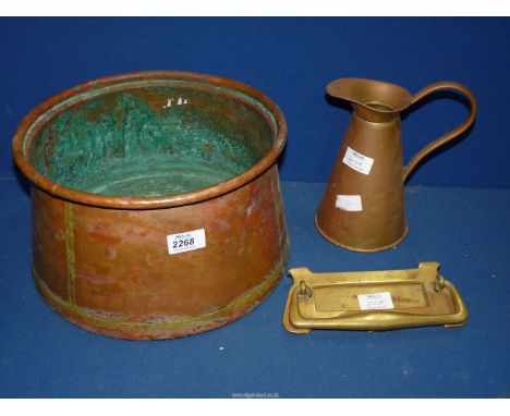 A large copper bowl, 11 1/2" diameter x 7" high, plus a brass jug and brass letter box/door knocker..