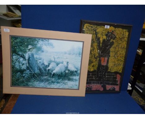 A unframed Lausen Print of Shepherdess with sheep and an Aboriginal print on fabric.