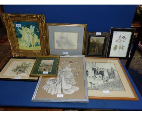 A framed Print on ceramic depicting fairies, a church, garden landscape, a Leopold hunting scene, etc.