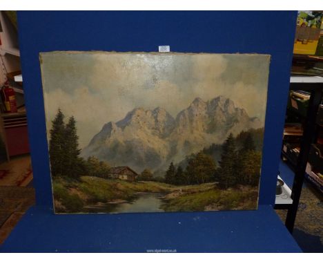 An unframed Oil on canvas depicting a timber chalet by a river with snow capped rugged mountains in the distances, signed low