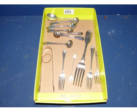 A quantity of Silver cutlery including mustard spoons, forks and sugar tongs, hallmarks for London and Sheffield, Georgian, e