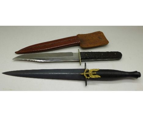 A J Burnard & Sons, Sheffield knife with leather scabbard and a commando type dagger with box marked William Rodgers