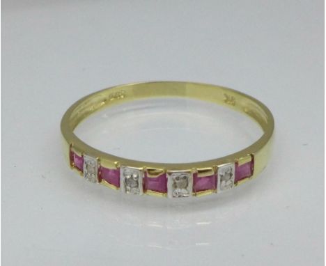 A 9ct gold, ruby and diamond ring, 0.9g, O