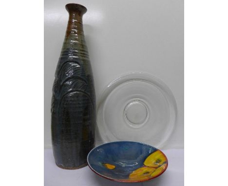 A Poole pottery dish, a shallow glass dish and a tall studio pottery stoneware vase, 59cm