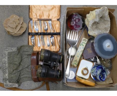 Two glass paperweights including Caithness, three mineral samples, a chainmail purse, two compasses, flatware, commemoratives