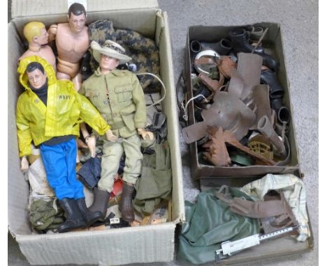 Four early Action Man figures and Action Man clothing and accessories and other Western outfits and accessories