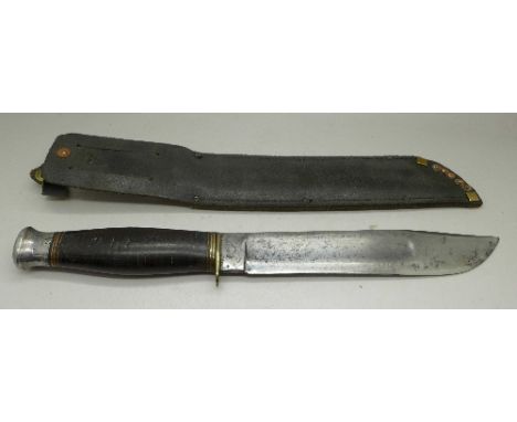 A Bowie style knife, marked William Rodgers, I Cut My Way, with later scabbard