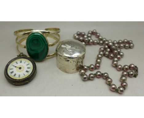 A silver fob watch, a/f, a silver top, a silver and malachite bangle and a string of pearls with silver and red stone clasp