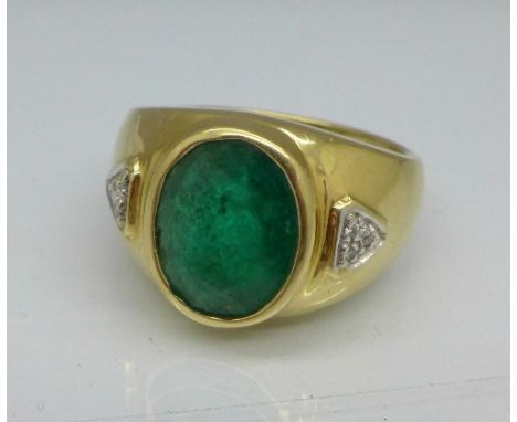 An 18ct gold, emerald and diamond ring, emerald 2.6 carat, 9.6g, O