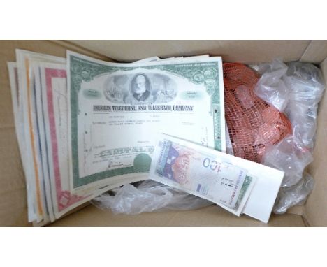 Seven share certificates, currency and African and foreign coins
