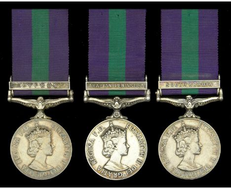 General Service 1918-62, 1 clasp (2), Cyprus (23435384 Fus. B. Shields. L.F.); Arabian Peninsula (4096366 L.A.C. F. Morris. R