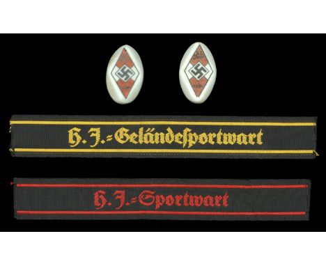 Miscellaneous German Third Reich Hitler Youth Insignia. Comprisign a HJ Sportwart (sports attendant) red machine woven title 