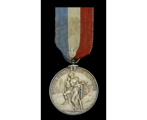 French Humane and Shipwreck Society Medal, 41mm, silver, the obverse portraying Humanity protecting a woman and child, with a