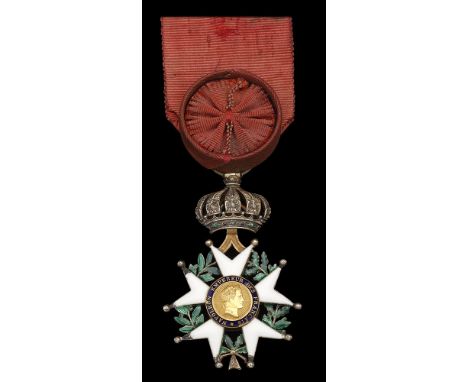 France, Second Empire, Legion of Honour, Officer’s breast badge, silver, silver-gilt, gold, and enamel, with rosette on riban