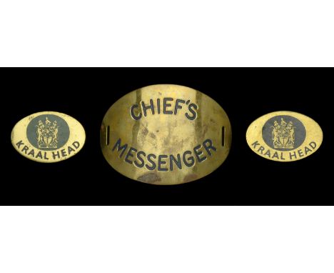 Rhodesian Internal Affairs Badges c.1960. Three badges, brass with blackened lettering, the first two for a Kraal Head; the t