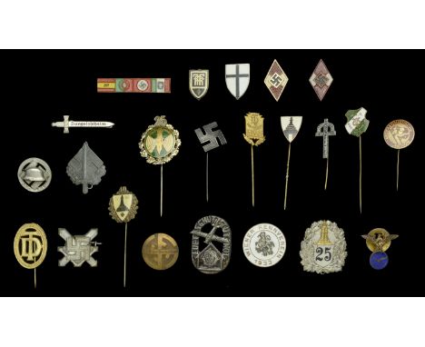 Miscellaneous German Second World War Lapel Pins and Membership Badges. Comprising a Luftschutz tinny with pin back. 2 Hitler