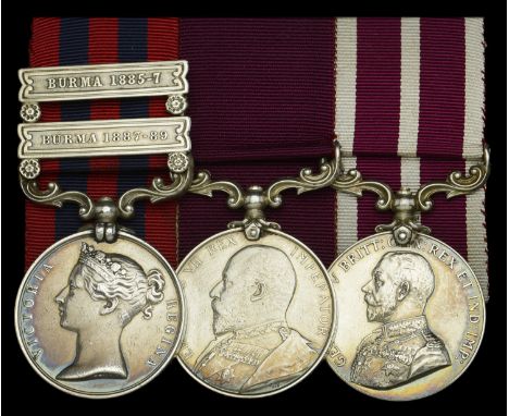 Three: Sergeant-Major H. Cross, Hampshire Regiment  India General Service 1854-95, 2 clasps, Burma 1887-89, Burma 1885-7, cla