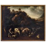 Schäfer mit seiner Herde in südlicher Landschaft, Römische Schule, Nachfolge P. Roos