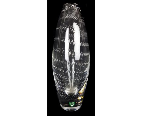 An Orrefors Sweden glass vase, colourless of bullet form with internal bubble helix, original factory label, 22cm high