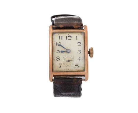 ART DECO NINE CARAT GOLD CASED MANUAL WIND WRIST WATCH the rectangular cream dial with Arabic hour markers, subsidiary dial a