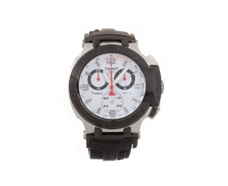 TISSOT T-RACE STAINLESS STEEL QUARTZ WRIST WATCH the round white dial with Arabic and other hour markers, 45mm case, on a bla