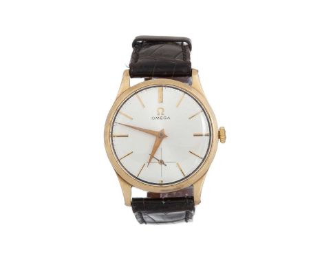 OMEGA NINE CARAT GOLD MANUAL WIND WRIST WATCH the round cream dial with baton hour markers, 33mm case, on a black leather str
