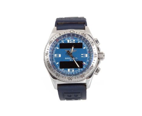 BREITLING B-1 STAINLESS STEEL WRIST WATCH the round blue dial with outer tracks in white, digital displays at 12 and 6, count