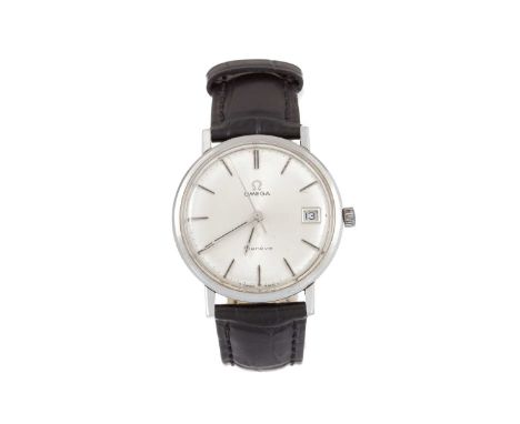 OMEGA GENEVE STAINLESS STEEL MANUAL WIND WRIST WATCH the round dial with baton hour markers, 34mm case, on a black leather st