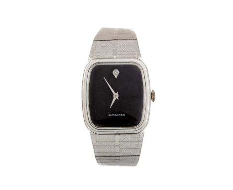 LONGINES  MANUAL WIND WRIST WATCH the black cushion dial lacking hour markers, crystal dot at 12, 27mm case, on a stainless s