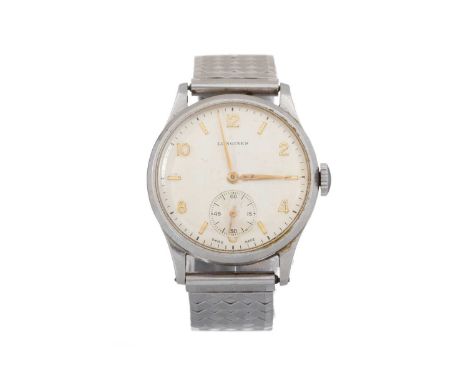 LONGINES STAINLESS STEEL MANUAL WIND WRIST WATCH the round cream dial with Arabic hour markers, outer seconds track in black,