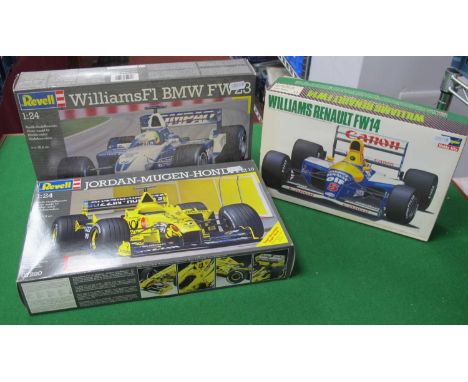 Three 1:24th Scale Formula One (F1) Racing Cars Plastic Model Kits to include Hasegawa #CF-19 Williams Renault FW14, Revell #