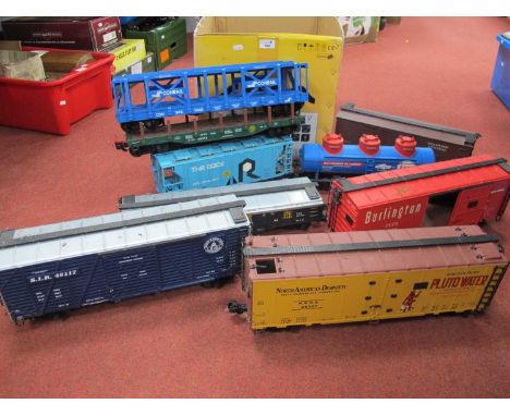 Nine 'G' Gauge Unboxed Items of Rolling Stock, various manufacturers, comprising Esso tank wagon, hopper van, box vans, Con-R