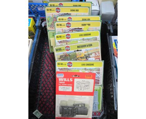 Seven Airfix 'OO' Gauge/4mm "Blister Packed" Plastic Kits, comprising two level crossings, four signal boxes, a Matador lorry
