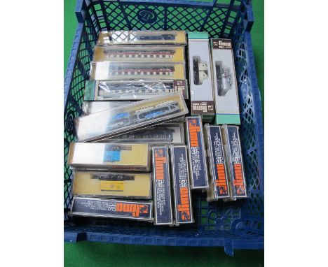 Eighteen Lima 'N' Gauge Cased Items of Continental Outline Rolling Stock, eight coaches, tank wagon, etc.